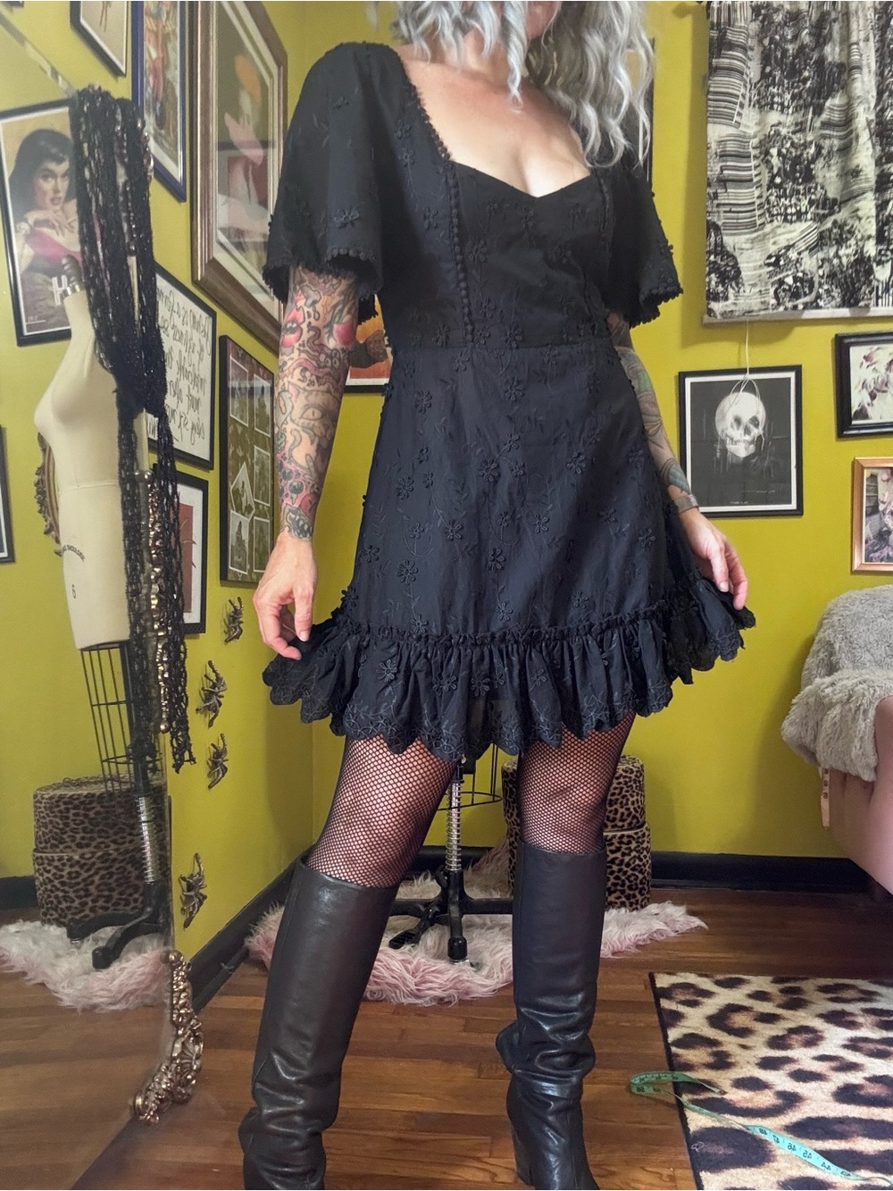 Showpo Black Ruffled Eyelet Boho Dress Small